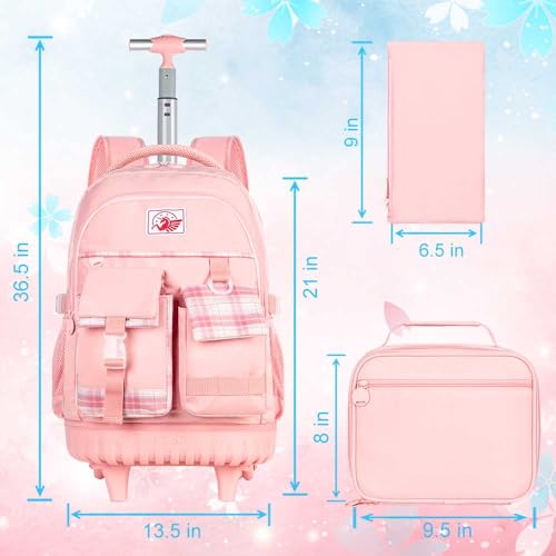 GXTVO 3PCS Rolling Backpack for Girls, Women Wheeled Bookbag with Lunch Box for Adults, Kids Water Resistant Roller School Bag for Teens Travel - Pink - Image 4