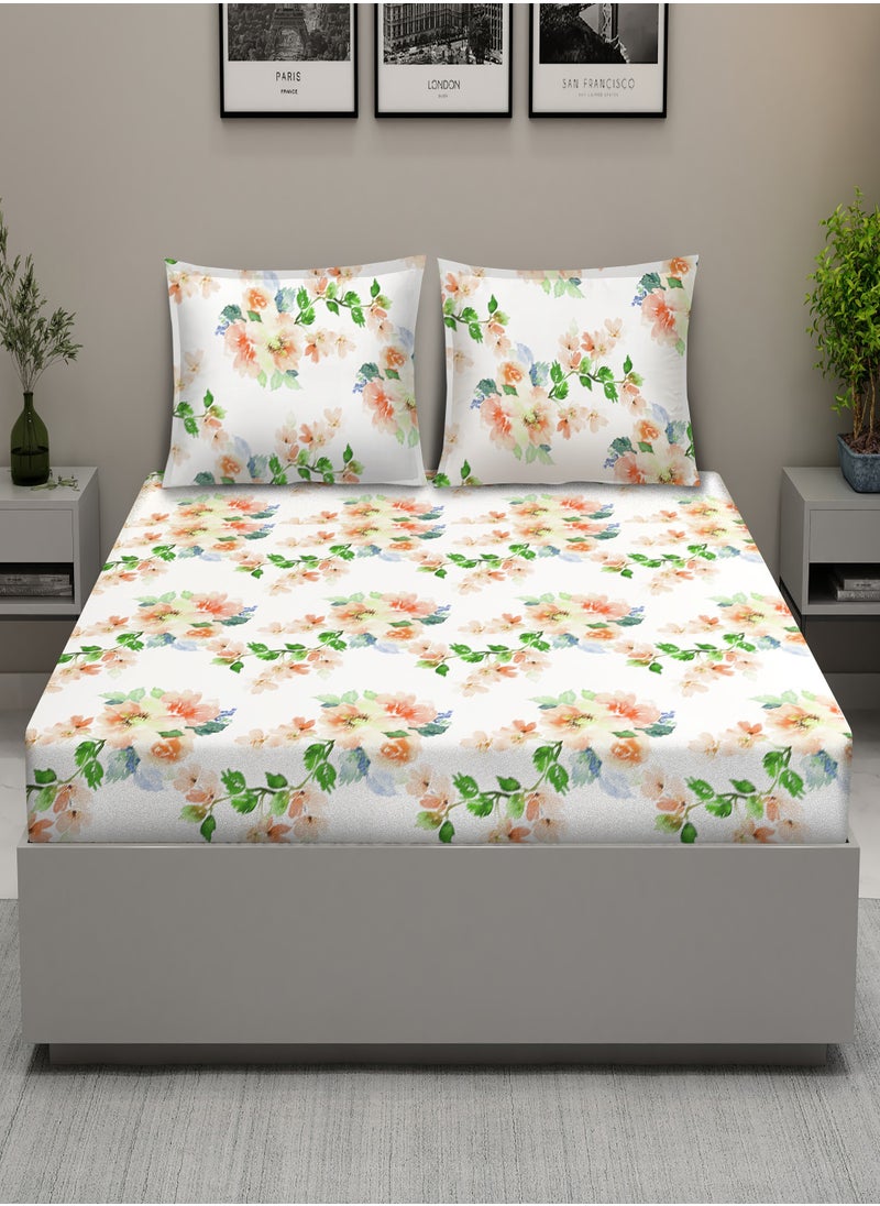 Raymond Raymond Home Queen Fitted Sheet Bedsheet 152 Thread Count Luxirious 100% Cotton Bedding Printed Pre Shrunk Percale Finish Skin Safe Bed Linen and 2 Pillow Case - Yellow & Green (152 * 198 + 30 CM)  - Image 1