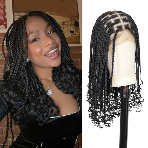 Kalyss 13x8 Hd Lace Front Knotless Braided Wigs with Curly Ends for Women Box Braid Wig with Baby Hair Black Synthetic Hair Braided Wig 24 - Image 2
