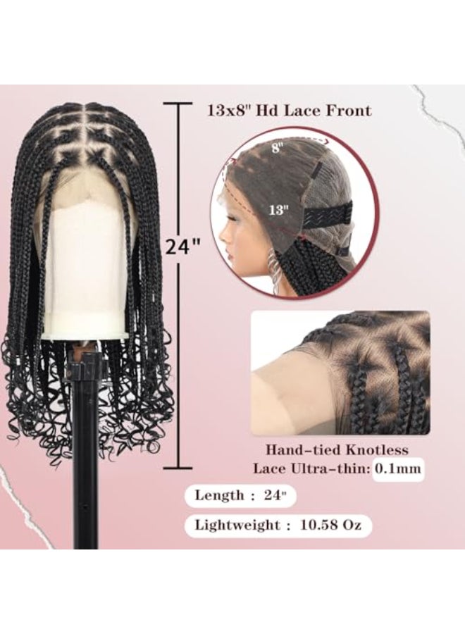 Kalyss 13x8 Hd Lace Front Knotless Braided Wigs with Curly Ends for Women Box Braid Wig with Baby Hair Black Synthetic Hair Braided Wig 24 - Image 4