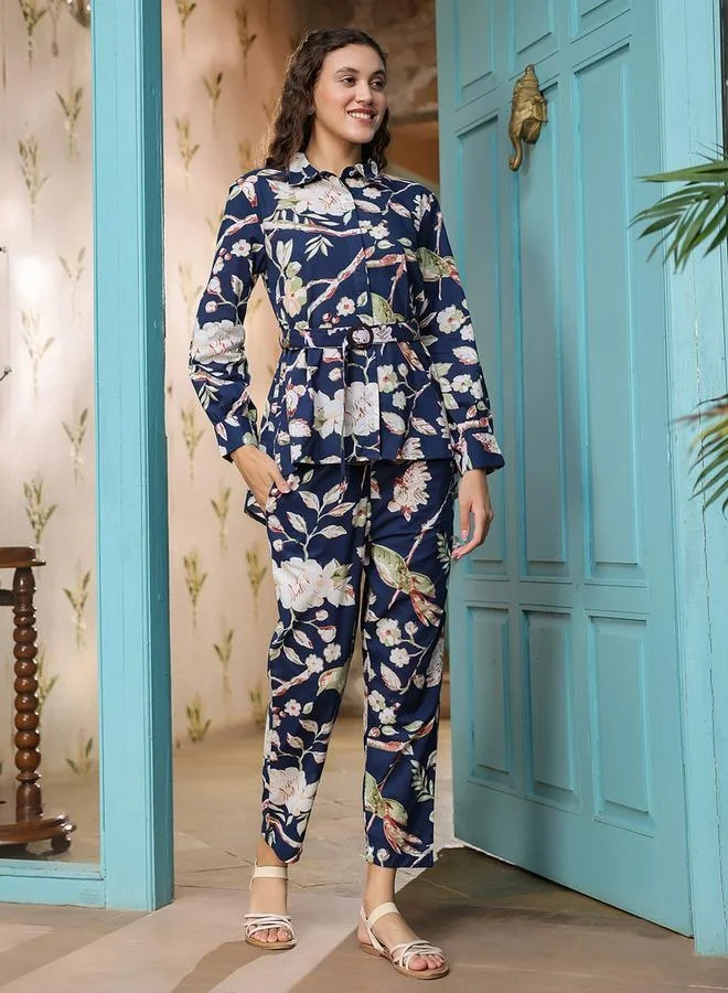 sanskrutihomes sanskrutihomes All-Over Print Cotton Belted Shirt and Trousers Co-Ords