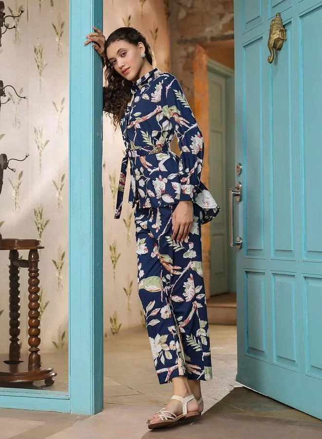 sanskrutihomes sanskrutihomes All-Over Print Cotton Belted Shirt and Trousers Co-Ords