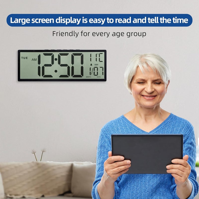 ماكس ستار ساعة حائط رقمية كبيرة من ماكستار مقاس 14.5 بوصة، شاشة LCD كبيرة بأرقام ضخمة، تعمل بالبطارية، تعديل تلقائي للتوقيت الصيفي، درجة الحرارة، التاريخ، ساعات حائط لغرفة المعيشة، غرفة النوم، المطبخ، ديكور المكتب، سهلة القراءة لكبار السن - Image 5