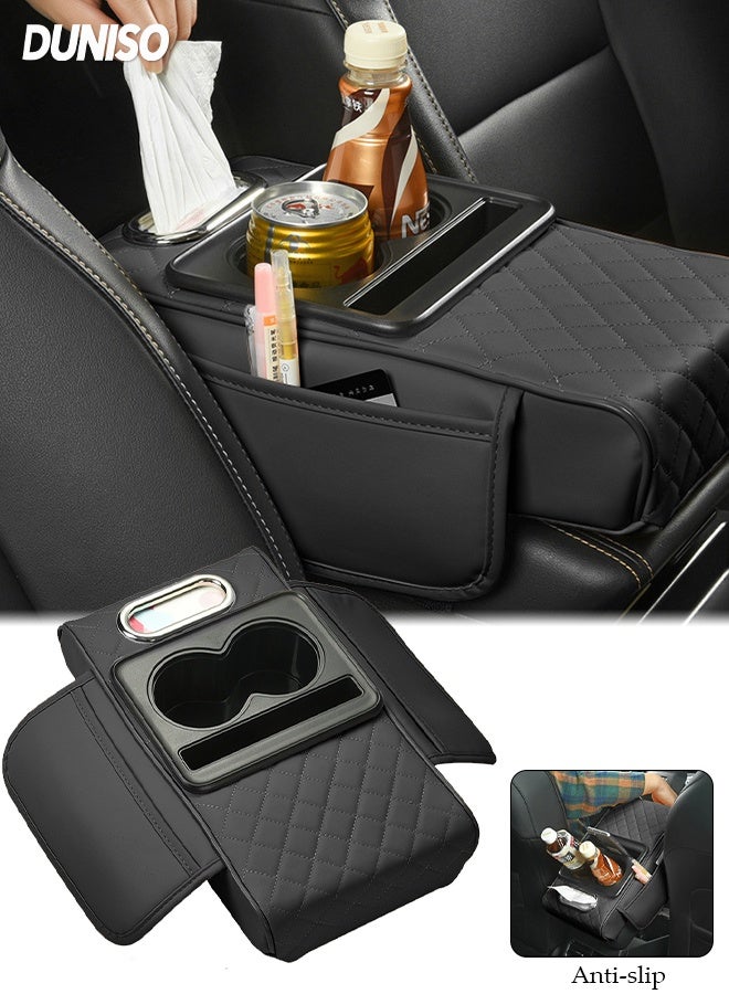 DUNISO Car Center Console Cover Protector with Side Pockets，Leather Armrest Booster Pads Suitable for Most Vehicles，Armrest Storage Box  for Car Interior Accessories（Black） - Image 1