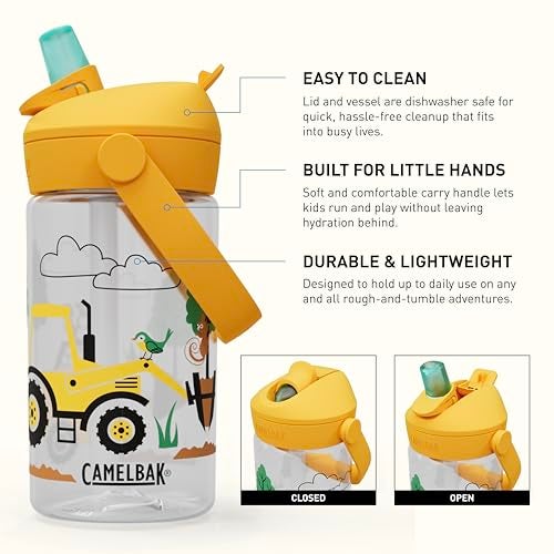 CamelBak Thrive Flip Straw Kids Water Bottle with Bite Valve Tritan Renew Design for School and Travel 14oz Tractors and Trees - Image 3