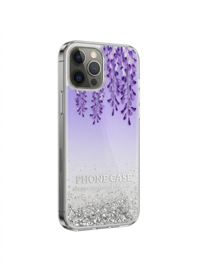 لانيكس جراب حماية شفاف لهاتف ايفون 12 برو ماكس بتصميم زهور متدلية بنفسجية وجليتر فضي من لانيكس LANEX - كفر خلفي مضاد للصدمات - Image 1