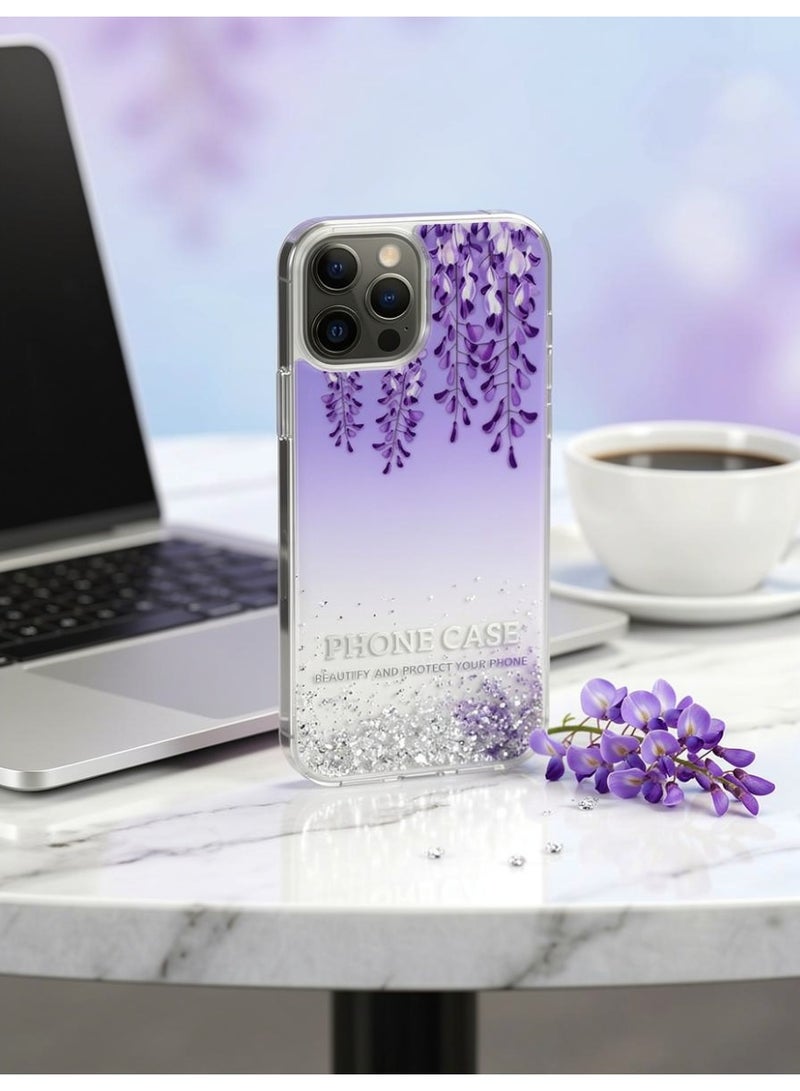 لانيكس جراب حماية شفاف لهاتف ايفون 12 برو ماكس بتصميم زهور متدلية بنفسجية وجليتر فضي من لانيكس LANEX - كفر خلفي مضاد للصدمات - Image 3