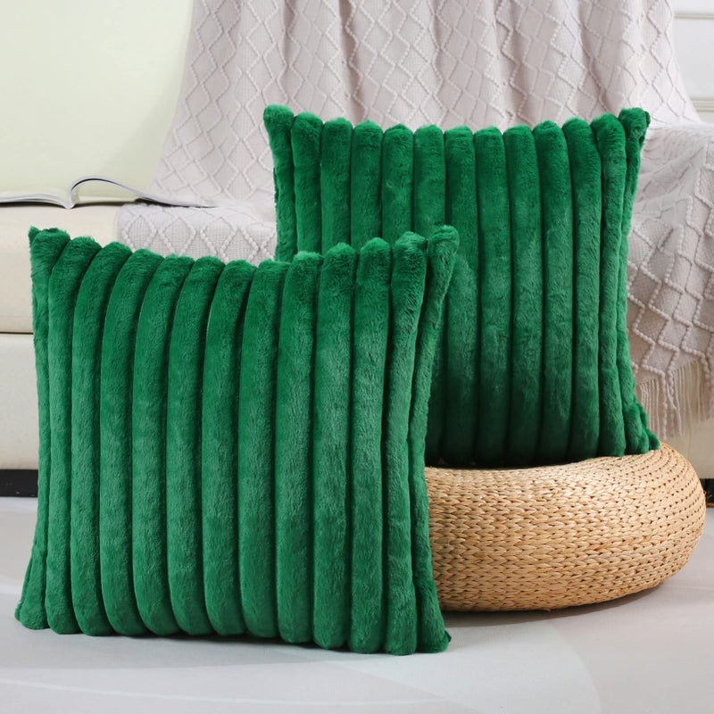 FUTEI Emerald Green Striped Decorative Throw Pillow Covers 20x20 Inch Set of 2Square Spring Decorations Couch Pillow CaseSoft Cozy Faux Rabbit Fur  Velvet BackModern Home Decor for Bed