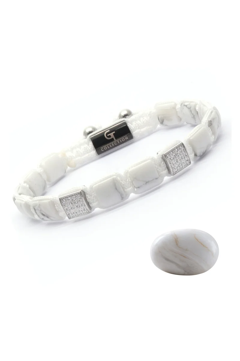 Lunnora Howlite Flat Bead Handmade Natural Stone Bead Bracelet – Bracelet for Men, Men’s Bracelet, Gifts for Men, Bracelets for Men – 100% Natural, Adjustable One Size Fits All