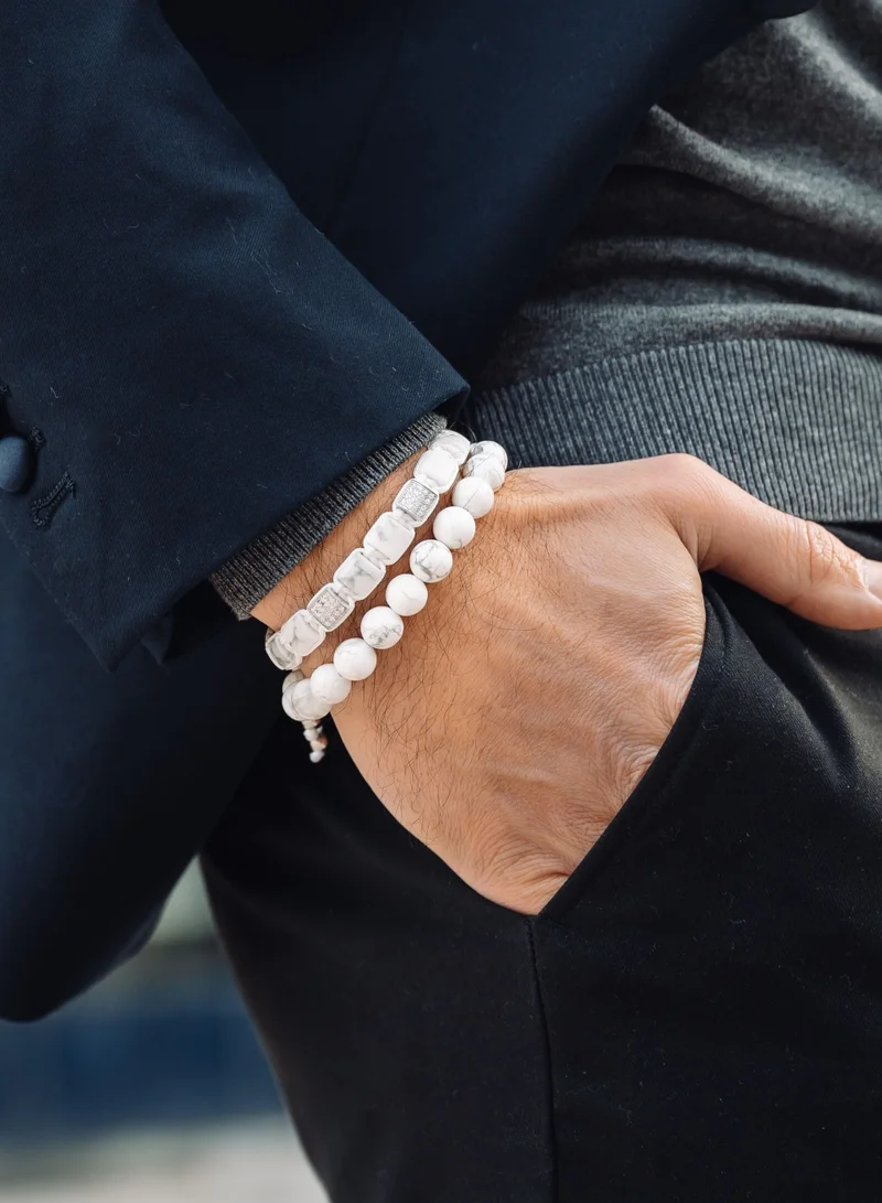 Lunnora Howlite Flat Bead Handmade Natural Stone Bead Bracelet – Bracelet for Men, Men’s Bracelet, Gifts for Men, Bracelets for Men – 100% Natural, Adjustable One Size Fits All