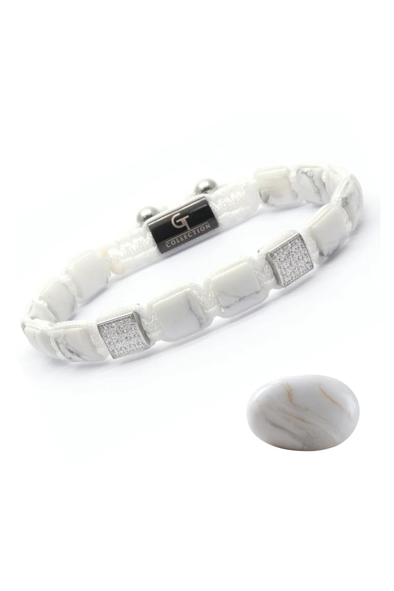 Lunnora Howlite Flat Bead Handmade Natural Stone Bead Bracelet – Bracelet for Men, Men’s Bracelet, Gifts for Men, Bracelets for Men – 100% Natural, Adjustable One Size Fits All
