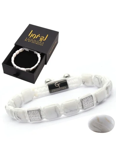 Lunnora Howlite Flat Bead Handmade Natural Stone Bead Bracelet – Bracelet for Men, Men’s Bracelet, Gifts for Men, Bracelets for Men – 100% Natural, Adjustable One Size Fits All