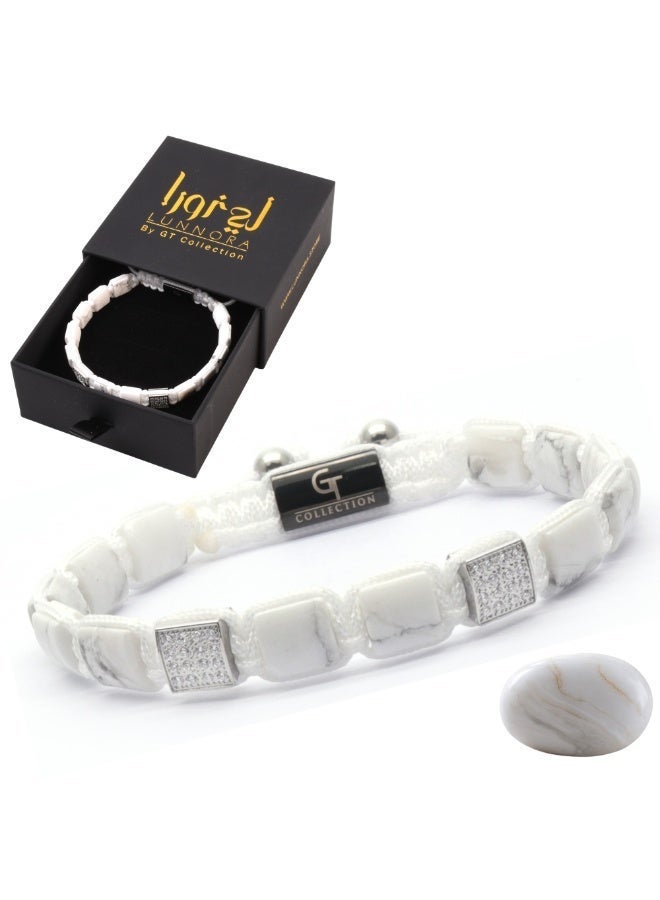 Lunnora Howlite Flat Bead Handmade Natural Stone Bead Bracelet – Bracelet for Men, Men’s Bracelet, Gifts for Men, Bracelets for Men – 100% Natural, Adjustable One Size Fits All - Image 1