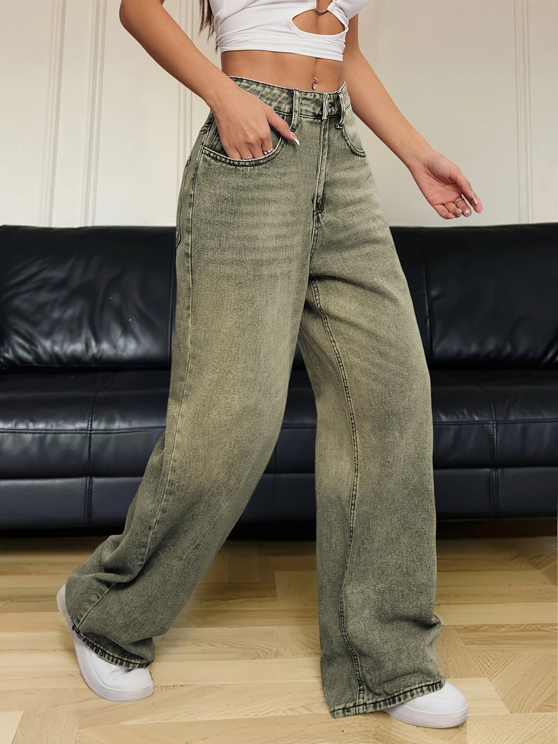 1pc Fashionable American High Street High-Waist Straight Jeans - Women'S Loose Fit Trousers, Vintage Green Washed Denim, Casual Wide-Leg Pants, Comfortable Trendy All-Match, All-Season Style - Image 4
