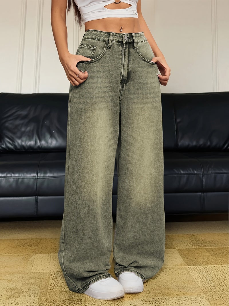1pc Fashionable American High Street High-Waist Straight Jeans - Women'S Loose Fit Trousers, Vintage Green Washed Denim, Casual Wide-Leg Pants, Comfortable Trendy All-Match, All-Season Style - Image 5
