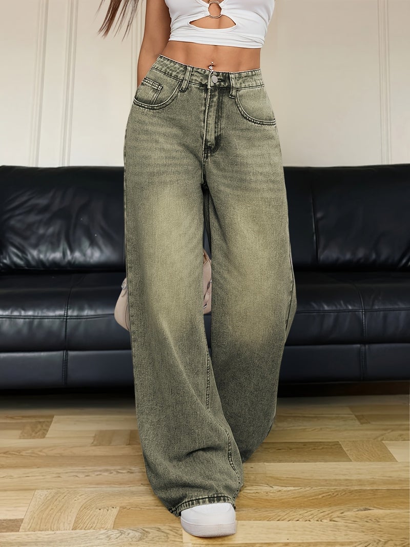 1pc Fashionable American High Street High-Waist Straight Jeans - Women'S Loose Fit Trousers, Vintage Green Washed Denim, Casual Wide-Leg Pants, Comfortable Trendy All-Match, All-Season Style - Image 2