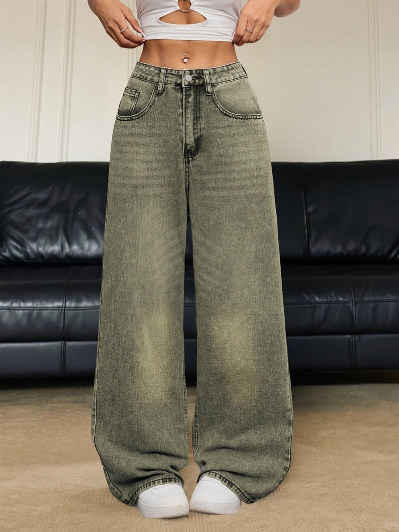 1pc Fashionable American High Street High-Waist Straight Jeans - Women'S Loose Fit Trousers, Vintage Green Washed Denim, Casual Wide-Leg Pants, Comfortable Trendy All-Match, All-Season Style - Image 3