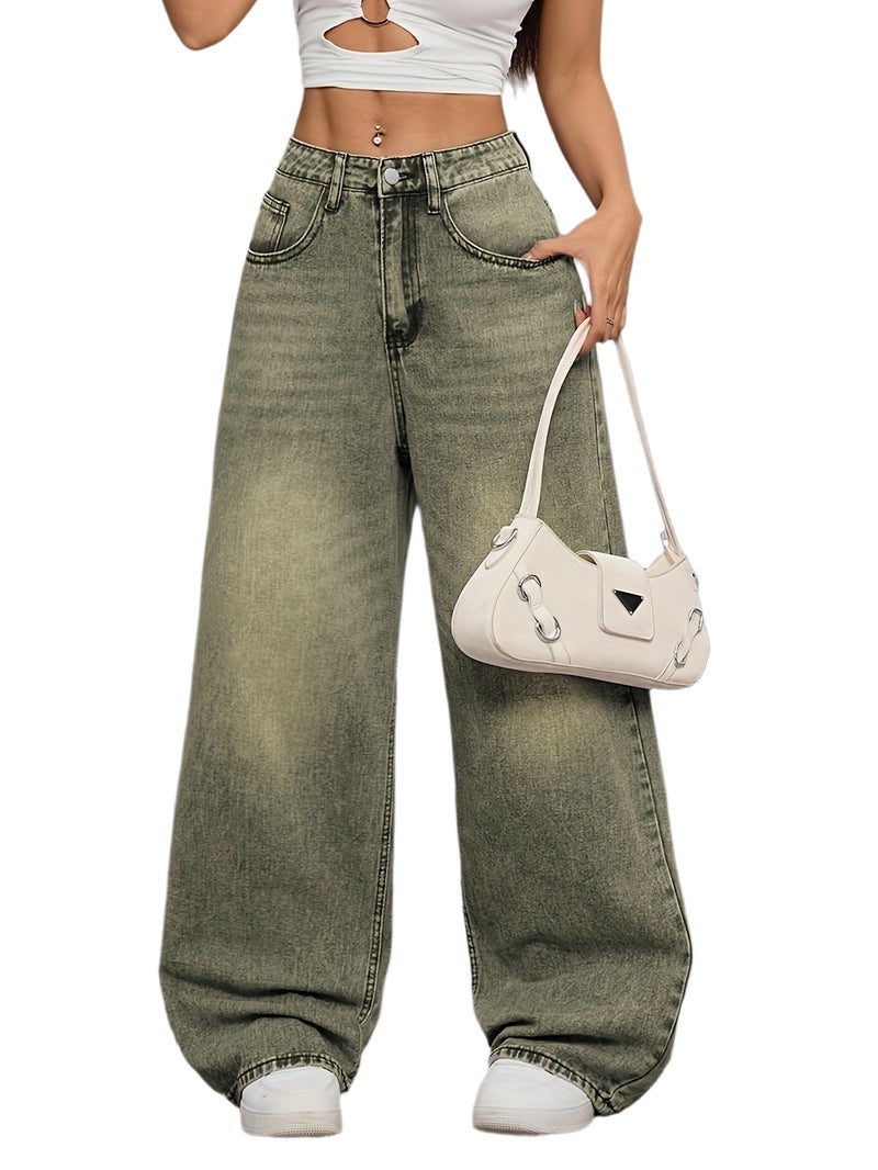 1pc Fashionable American High Street High-Waist Straight Jeans - Women'S Loose Fit Trousers, Vintage Green Washed Denim, Casual Wide-Leg Pants, Comfortable Trendy All-Match, All-Season Style - Image 1