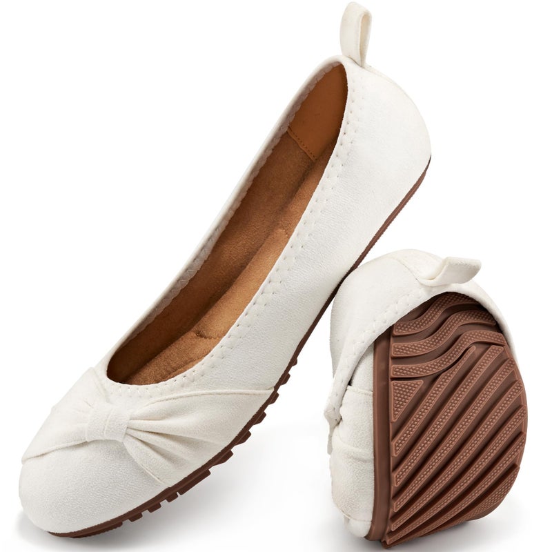 Ecetana Womens Flats Shoes Dressy Round Toe Bowknot Suede Foldable Comfortable Casual Slip On Ballet Loafers White