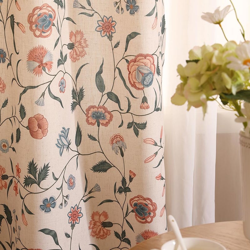 ISAENNE French Linen Semi Blackout Curtains with Grommets,Pink Floral Western Decor Curtain for Kitchen Bedroom Living Room Dining Room Window,2 Panels 53 Inches Wide by 63 Inches Long -Daffy - Image 1
