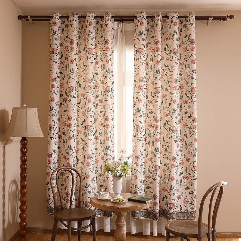 ISAENNE French Linen Semi Blackout Curtains with Grommets,Pink Floral Western Decor Curtain for Kitchen Bedroom Living Room Dining Room Window,2 Panels 53 Inches Wide by 63 Inches Long -Daffy - Image 3