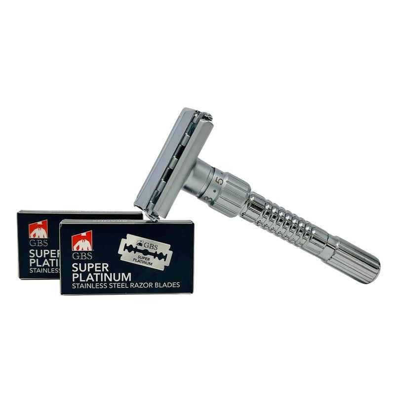 GBS Mens Classic Chrome Adjustable Butterfly Open Double Edge Safety Razor Smooth Shave with 20 Premium Sharp Blades