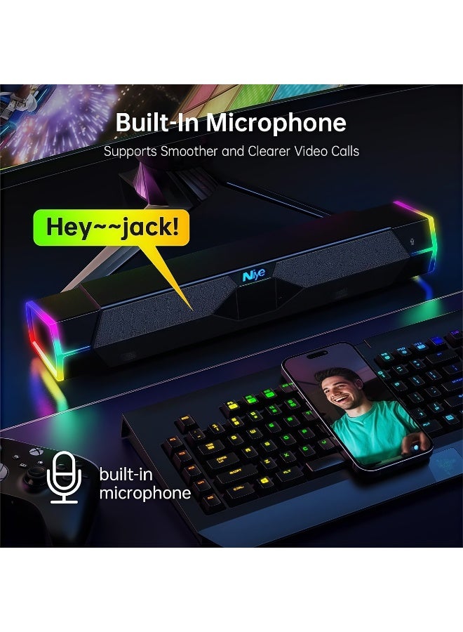 Niye Computer Sound Bar Speaker, 3D Stereo USB Powered Desktop Speaker with RGB LED Lights, Bluetooth 5.3, AUX 3.5mm, Volume Knob and Mic for PC/Laptop​  - Image 5