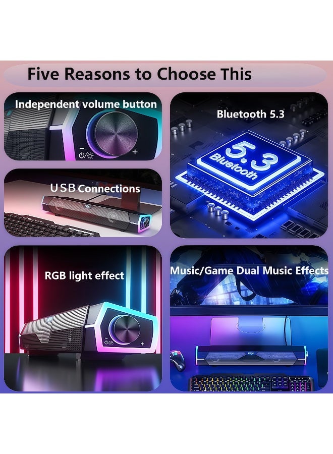 Niye Computer Sound Bar Speaker, 3D Stereo USB Powered Desktop Speaker with RGB LED Lights, Bluetooth 5.3, AUX 3.5mm, Volume Knob and Mic for PC/Laptop​  - Image 2