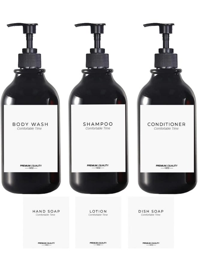 3 Pack of Shampoo and Conditioner Bottles - Apothecary Dispenser Bottle for Bathroom and Kitchen, Refillable Shampoo Bottles for Shampoo Lotion Oil Shower Soap Hand Soap and Dish Soap (Black) - Image 1