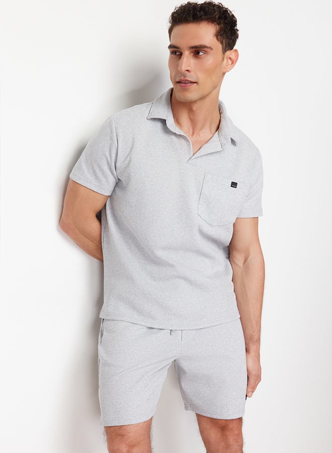 trendyol Grey Regular/Normal Cut Textured Fabric Labeled Polo Collar Tracksuit Set - Image 4