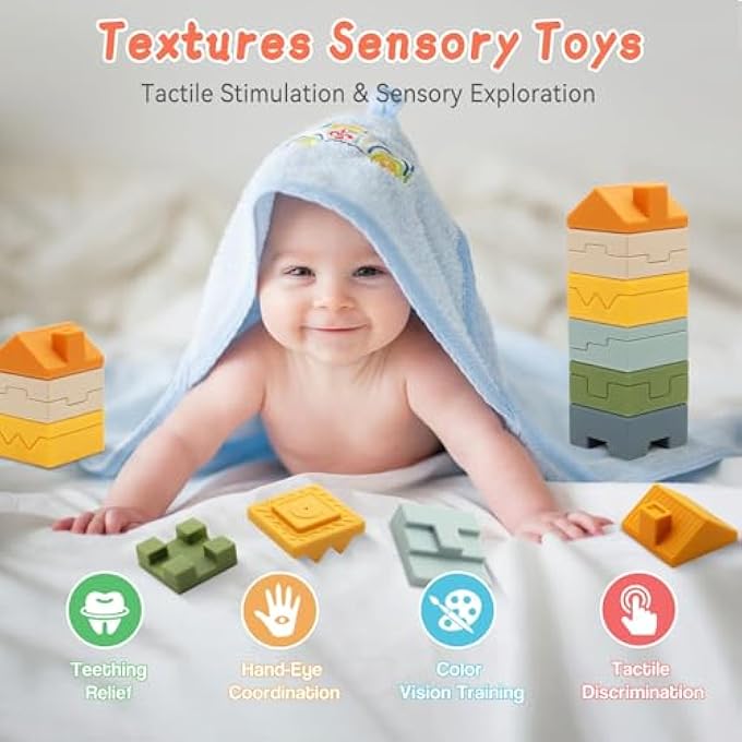 STACKING TOYS SOFT BUILDING BLOCKS, SILICONETOY TODDLER SENSORY LEARNING, BABY BATH TOYS, GIRLS BOY GIFTS FOR KIDS AGE 1 2 3 YEARS OLD - Image 3