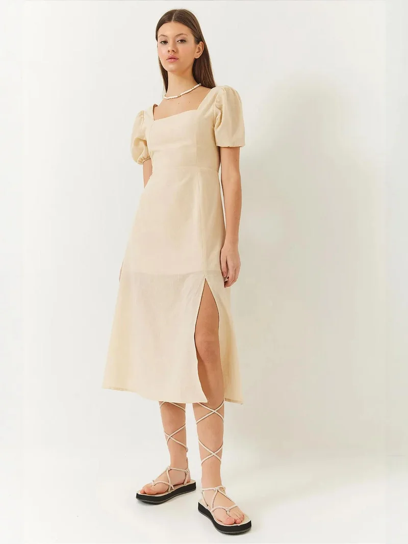 Bianco Lucci LUCCI Fitted Midi Dress with Square Collar and Slit