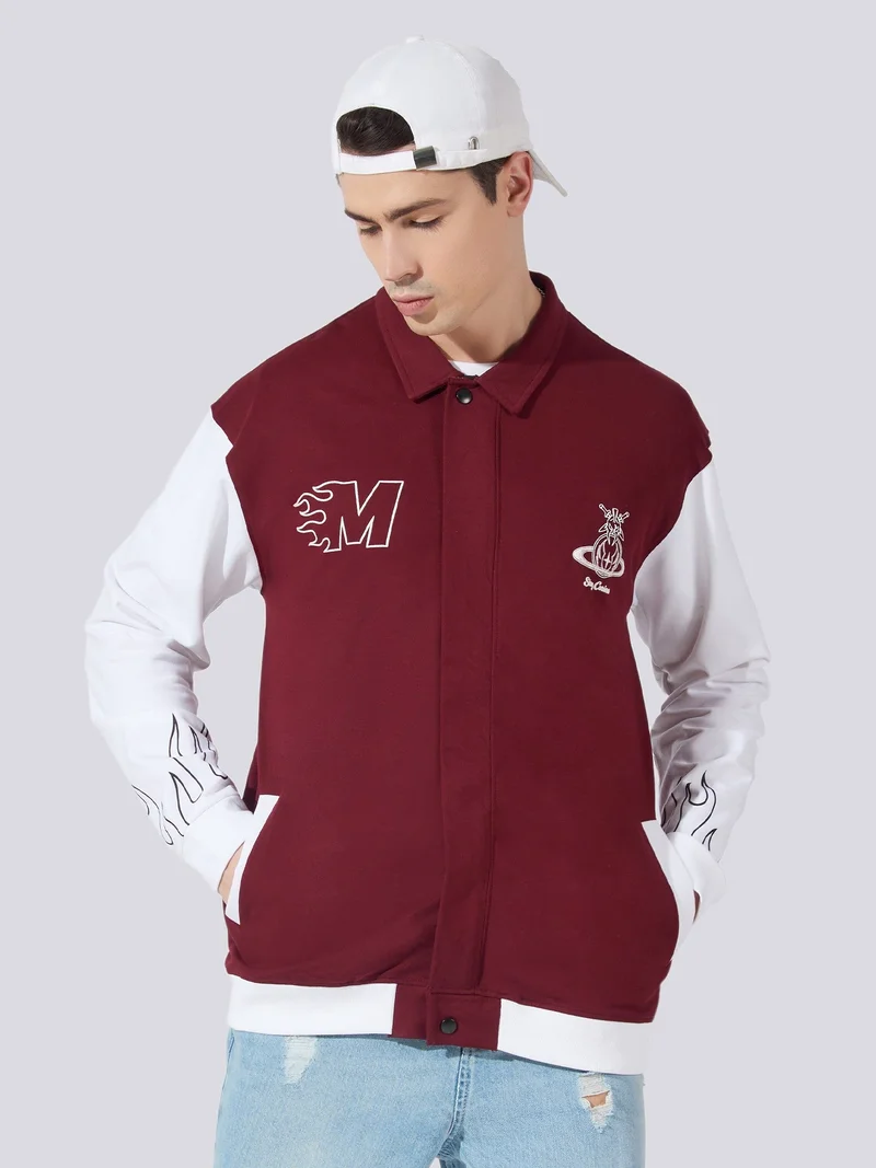 Maniac Maniac Mens Printed Curious Fullsleeve Burgundy and White Loopnet Slim fit Jacket