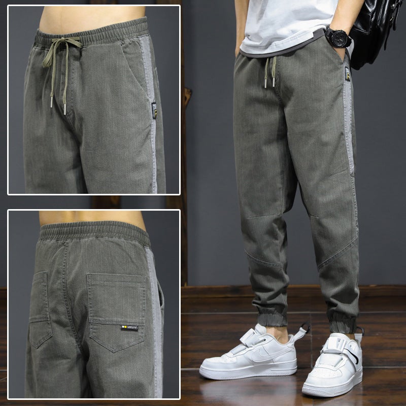 Thin Jeans Boys Trendy Brand ins Summer Loose All-match Stitching Legs Nine-point Drawstring Casual Overalls - Image 1