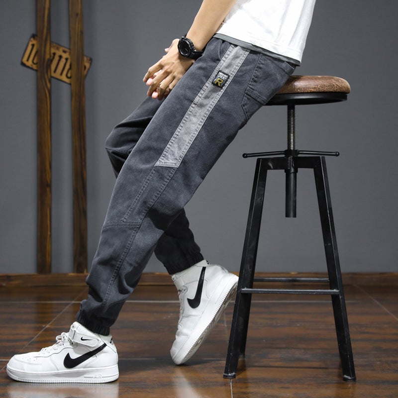 Thin Jeans Boys Trendy Brand ins Summer Loose All-match Stitching Legs Nine-point Drawstring Casual Overalls - Image 5