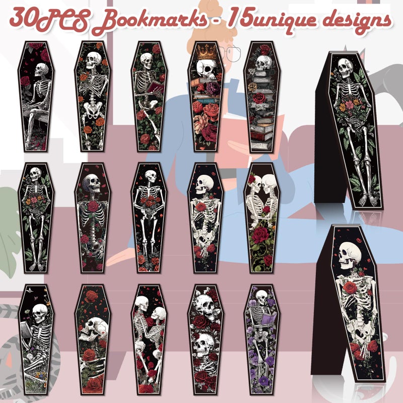 Wxiben Skeleton Coffin Magnetic Bookmark - 30 Pcs Gothic Skull Bookmarks for Book Lovers Skull Horror Book Marks Halloween Magnet Page Marker Clip Gifts for Women Men Students Teacher Reading Bookish - Image 3