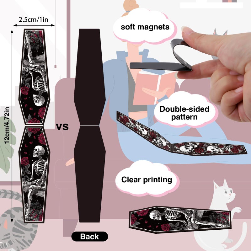 Wxiben Skeleton Coffin Magnetic Bookmark - 30 Pcs Gothic Skull Bookmarks for Book Lovers Skull Horror Book Marks Halloween Magnet Page Marker Clip Gifts for Women Men Students Teacher Reading Bookish - Image 2