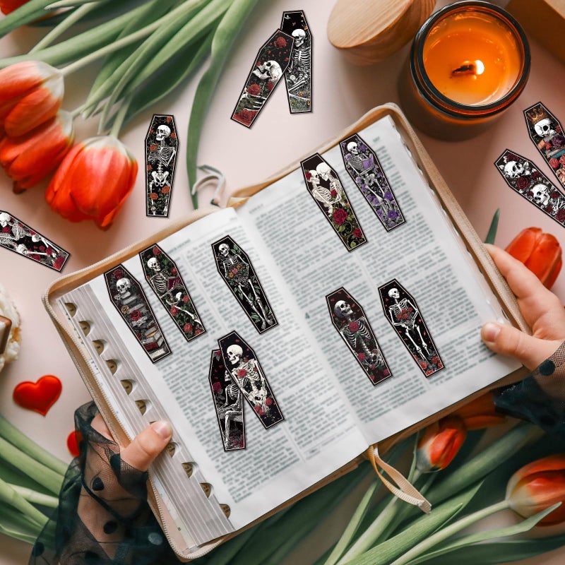 Wxiben Skeleton Coffin Magnetic Bookmark - 30 Pcs Gothic Skull Bookmarks for Book Lovers Skull Horror Book Marks Halloween Magnet Page Marker Clip Gifts for Women Men Students Teacher Reading Bookish - Image 5