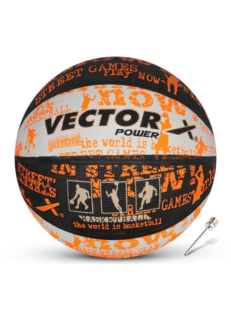 Vector X Power Basketball – Rubber, Training & Match Play, Size 7, Black-White-Orange - Image 1