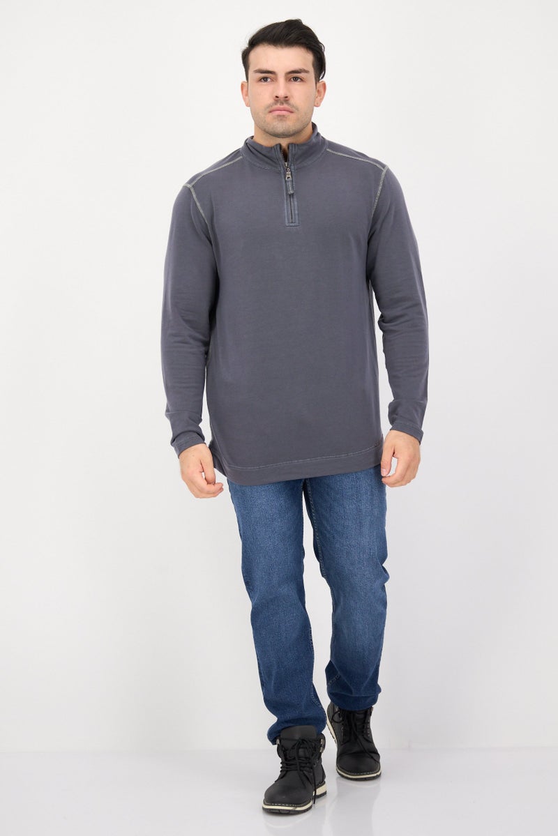 TRUE GRIT Men High Neck Long Sleeves Plain Half Zip Sweatshirt, Grey  - Image 4