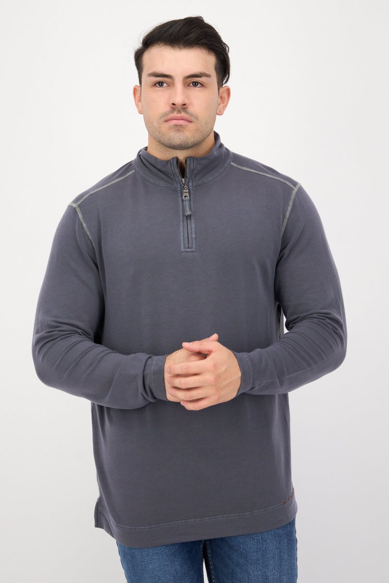TRUE GRIT Men High Neck Long Sleeves Plain Half Zip Sweatshirt, Grey  - Image 1