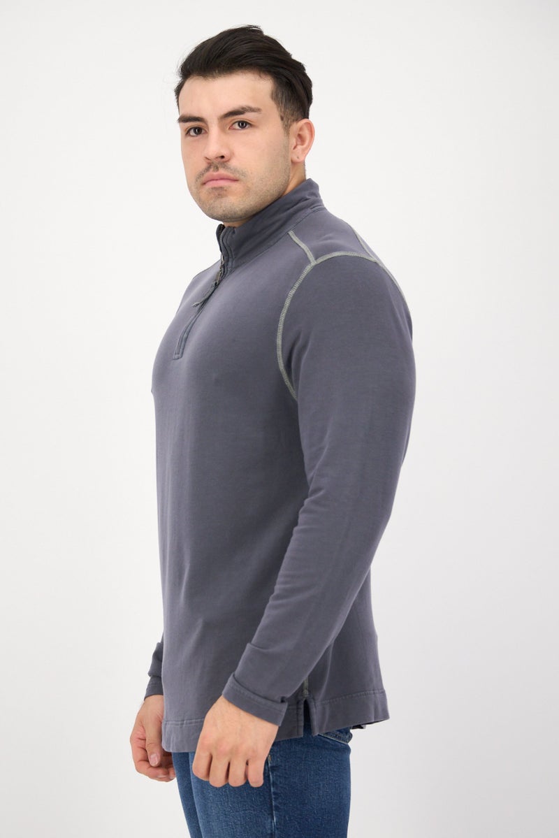 TRUE GRIT Men High Neck Long Sleeves Plain Half Zip Sweatshirt, Grey - Image 2
