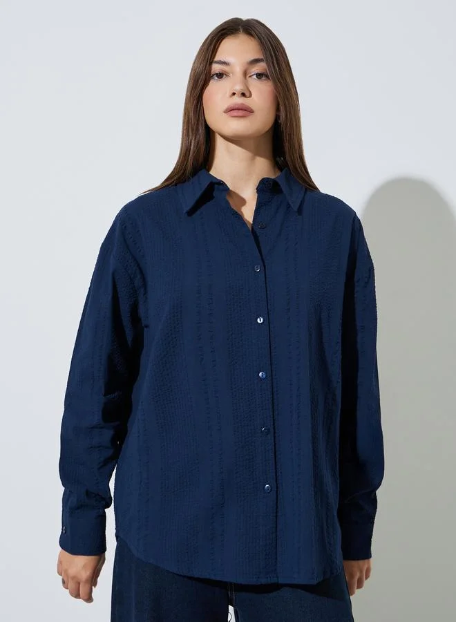 Styli Blue Textured Cotton Oversized Shirt