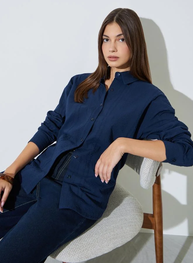 Styli Blue Textured Cotton Oversized Shirt