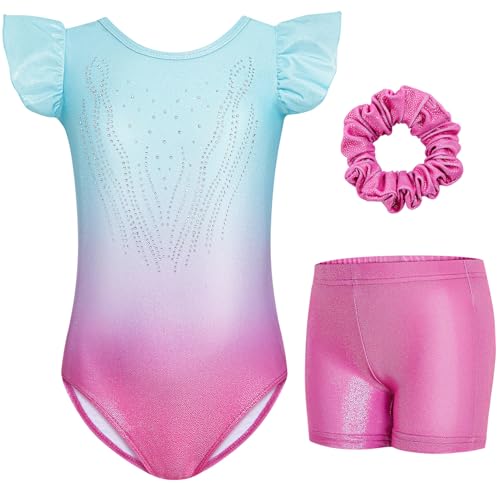 Gogokids Gymnastics Leotards for Girls, Toddler Ruffle Short Sleeve Dance Ballet Outfits Unitards Biketards with Shorts - Image 1