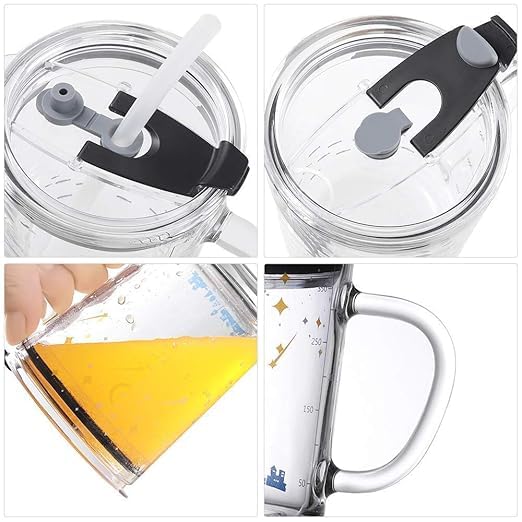 SHOPELLA Glass Tumbler 350ml Heavy Glass Cup with Silicone Straw Lid Handle Water Juice Milk Mug with Measurement Scale - Image 3