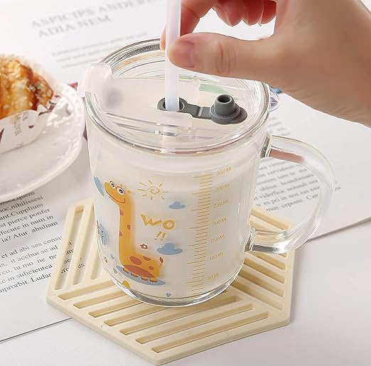 SHOPELLA Glass Tumbler 350ml Heavy Glass Cup with Silicone Straw Lid Handle Water Juice Milk Mug with Measurement Scale - Image 2