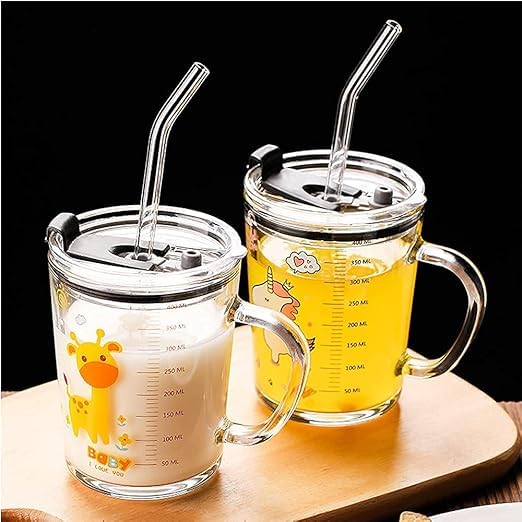 SHOPELLA Glass Tumbler 350ml Heavy Glass Cup with Silicone Straw Lid Handle Water Juice Milk Mug with Measurement Scale - Image 1