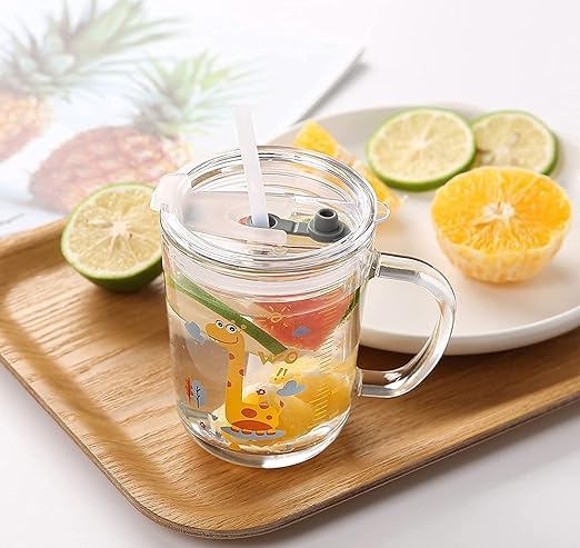 SHOPELLA Glass Tumbler 350ml Heavy Glass Cup with Silicone Straw Lid Handle Water Juice Milk Mug with Measurement Scale - Image 5