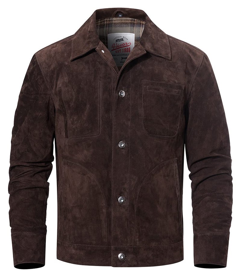 FLAVOR Mens Suede Leather Jacket Trucker Coat XLarge Dark Brown